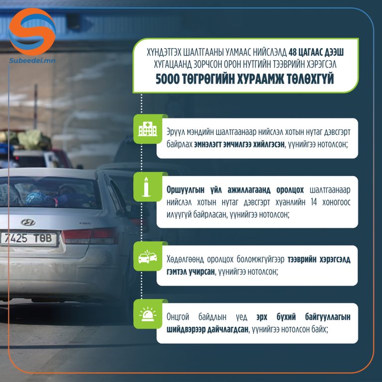 Хүндэтгэх шалтгаанаар нийслэлд 48 цагаас дээш хугацаанд зорчсон орон нутгийн тээврийн хэрэгсэл 5000 төгрөгийн хураамж төлөхгүй