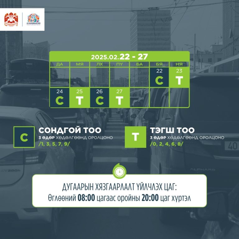 Энэ сарын 22-27-ны хооронд тэгш, сондгой дугаарын хязгаарлалтаар замын хөдөлгөөнд оролцоно