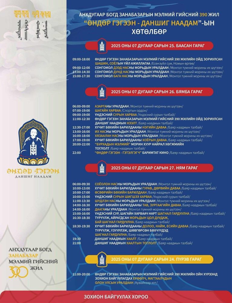 ӨНДӨР ГЭГЭЭНИЙ МЭЛМИЙ ГИЙСНИЙ 390 ЖИЛИЙН ОЙД ЗОРИУЛСАН ТҮҮХЭН ДАНШИГ НААДАМ ӨВӨРХАНГАЙ АЙМГИЙН АРВАЙХЭЭР ХОТОД ЗОХИОН БАЙГУУЛАГДАНА.